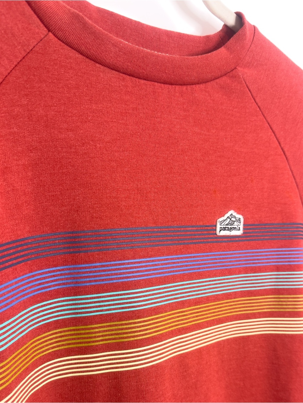 Patagonia Kids XL Organic Cotton Rainbow Stripe Crewneck Sweatshirt Red Raglan